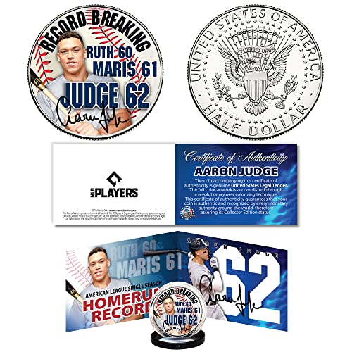 Aaron Judge Officially Licensed Single Season 62 Home Run Record Genuine Legal Tender JFK Kennedy Half Dollar U.S. Coin with Panoramic Display Certificate
