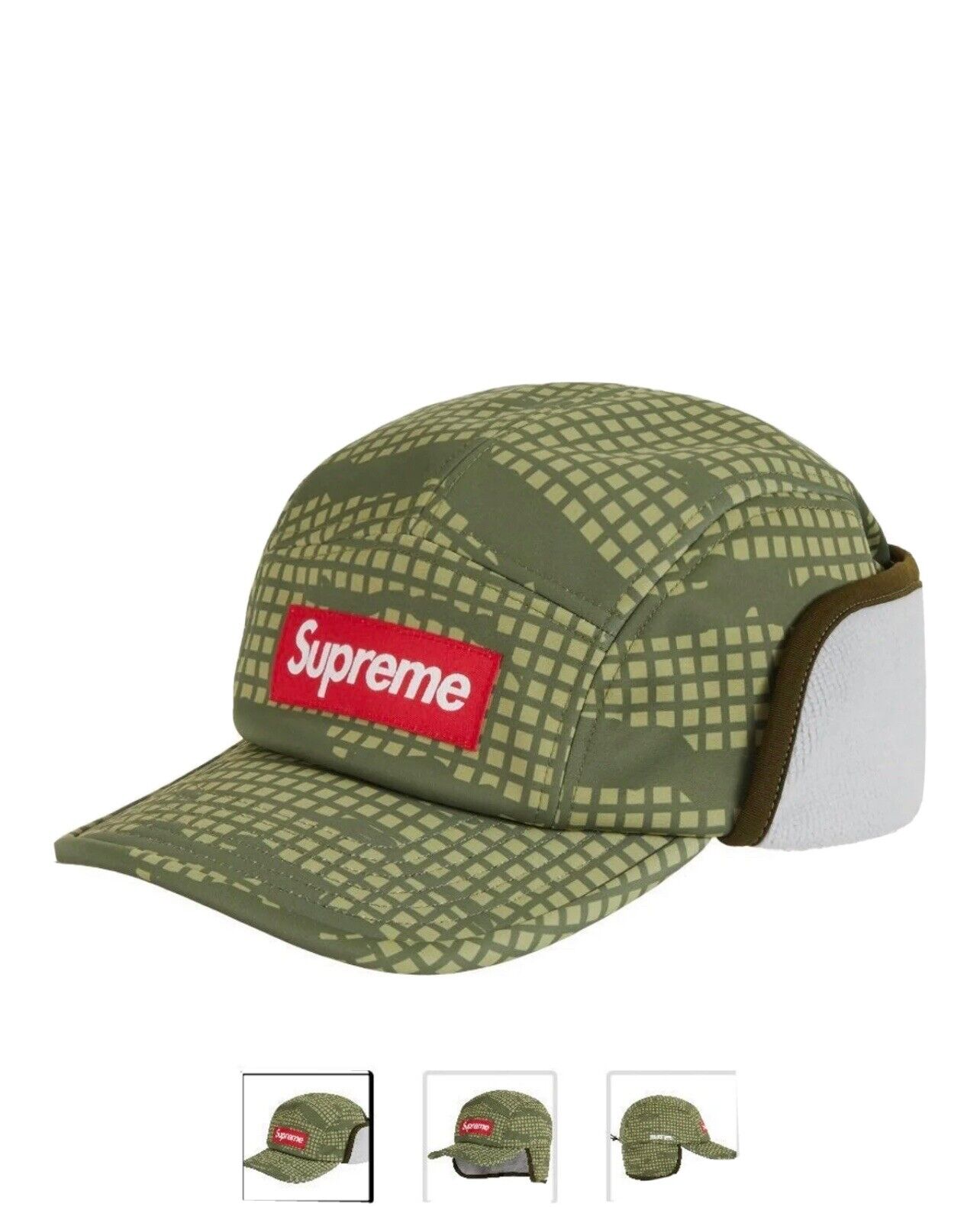 Supreme x WINDSTOPPER® Box Logo Earflap Camp Cap Olive Grid Camp Hat Sz S/M FW21